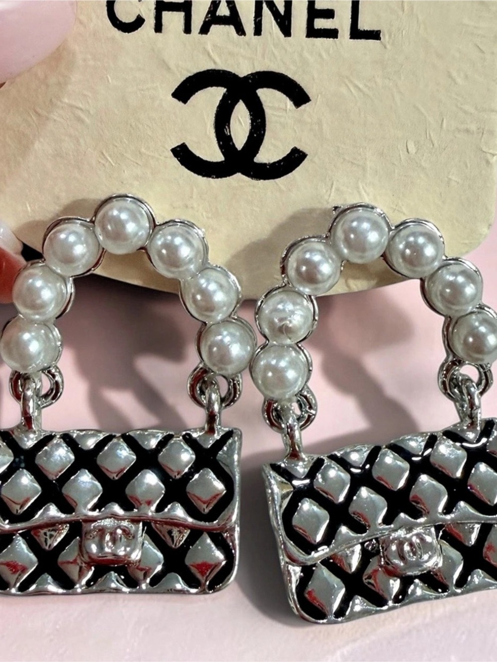 Faux Pearl CC Bag Charm Earrings Silver | New